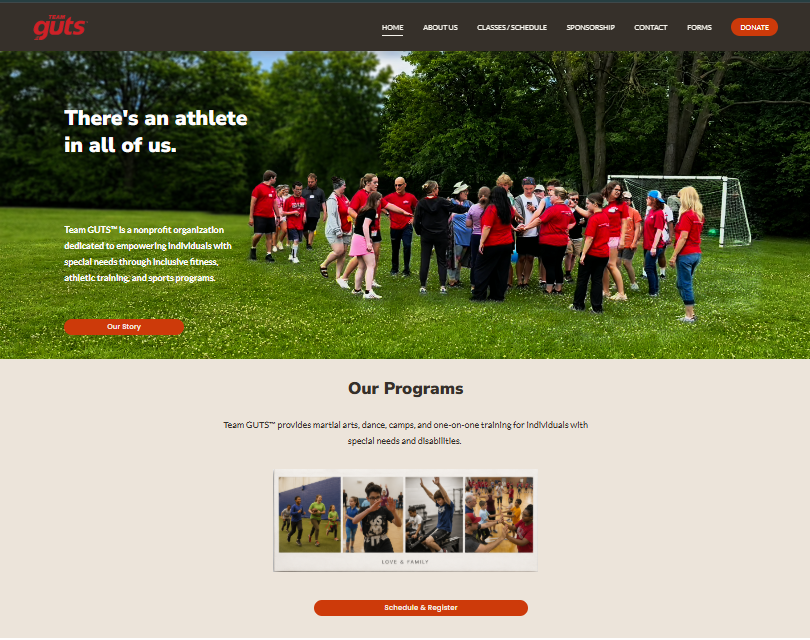 Team GUTS new homepage with hero, mission statement, and clear navigation