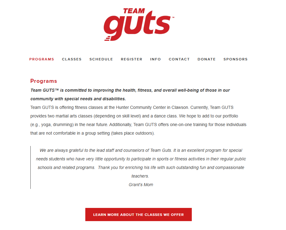 Team GUTS old website — programs page with no homepage